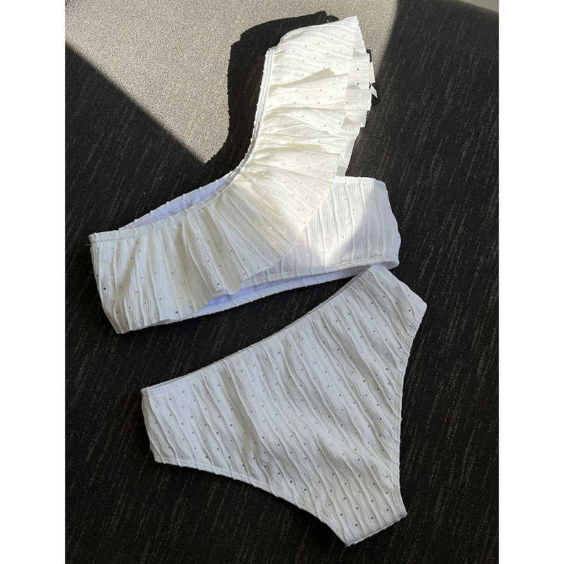 White Ribbed Ruffle One-shoulder  Bikini Set TQX610025-1