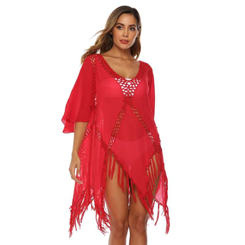 Red Hollow Out Tassel Beach Cover up GJZ00205-3