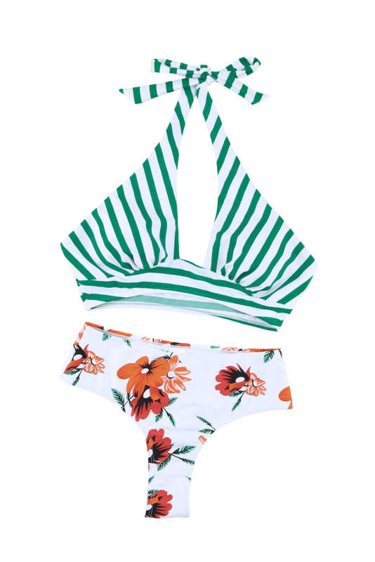 Striped Floral Print Backless Halter Neck Bikini Set LC433019-9