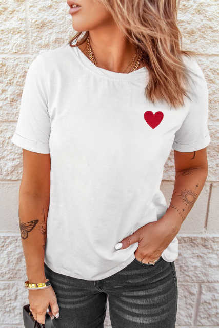 White Valentines Heart Pattern Embroidery T Shirt LC25219543-1