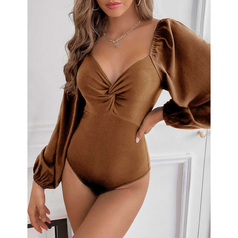 Khaki Twisted Rib V Neck Long Sleeve Bodysuit TQV220138-21