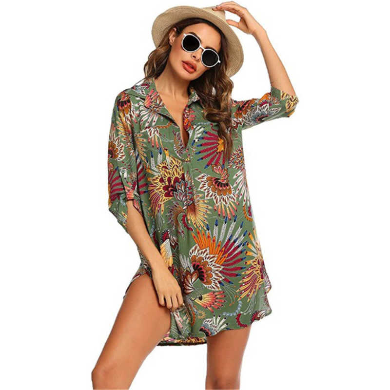 Light Green Print Shirt Style Beach Cover Dress TQK650072-28