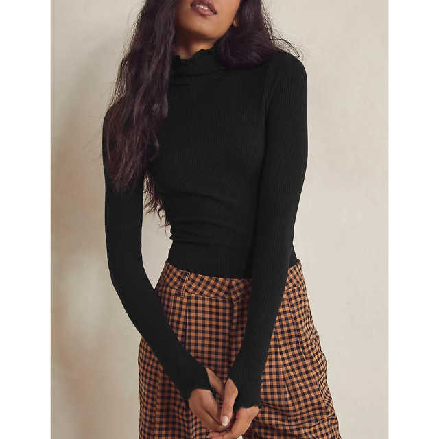 Black Ribbed High Collar Long Sleeve Bodysuit TQV220125-2