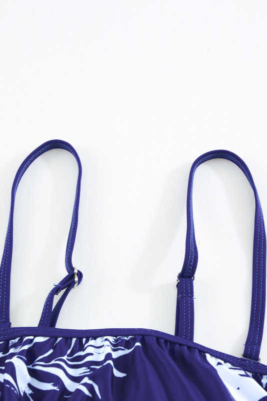 Blue Floral Pattern Strapless Tankini Set LC414353-5