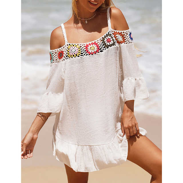 White Cold Shoulder Beach Cover Ups TQK311480-1