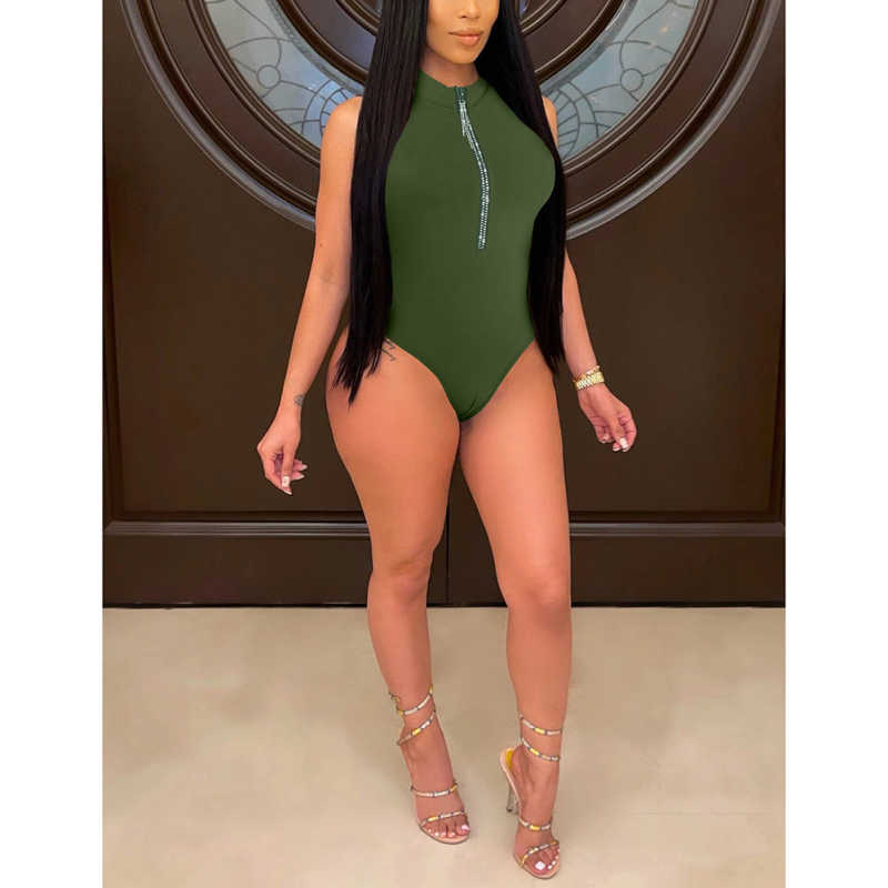 Green Diamond Tassel Zipper Sleeveless Bodysuit TQV250001-9