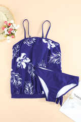 Blue Floral Pattern Strapless Tankini Set LC414353-5