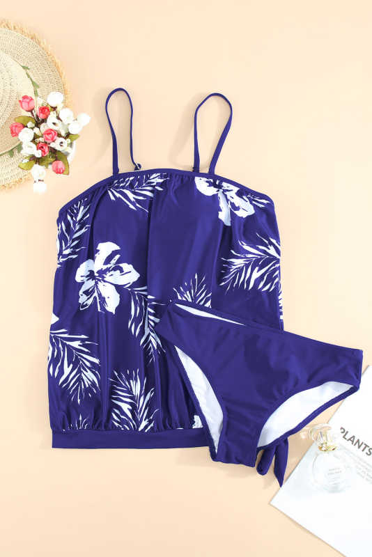 Blue Floral Pattern Strapless Tankini Set LC414353-5