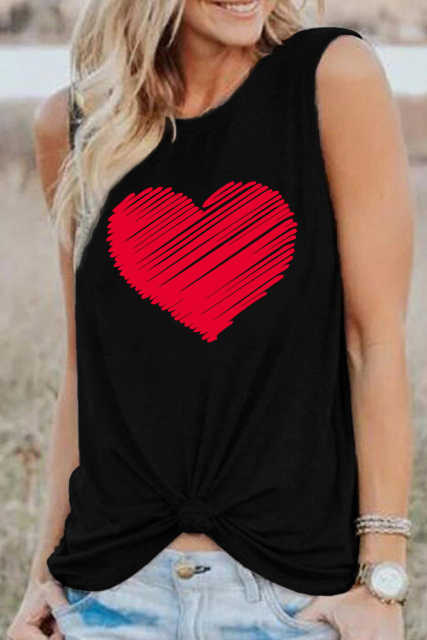 Black Valentine Heart Print Loose Crew Neck Tank Top LC2565322-2