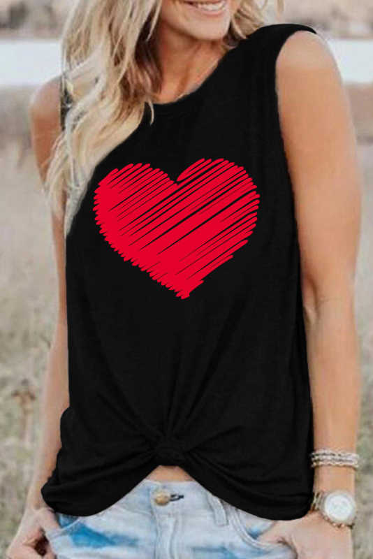 Black Valentine Heart Print Loose Crew Neck Tank Top LC2565322-2
