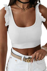 White Ruffle Strap Ribbed Sleeveless Crop Top LC2565025-1
