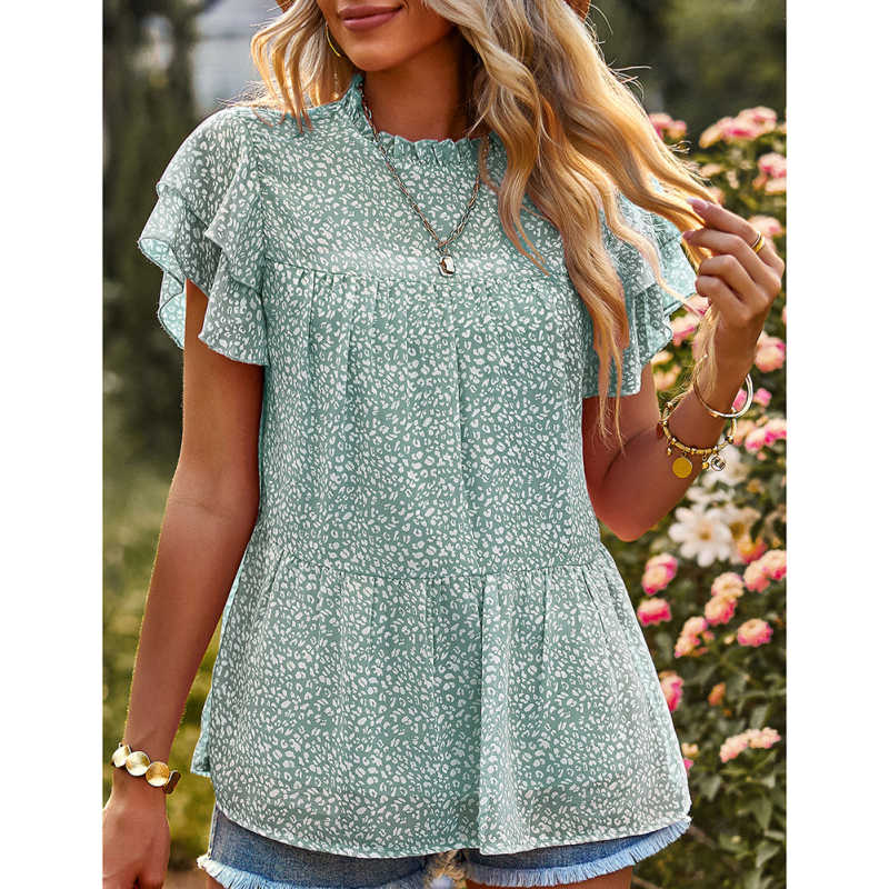 Light Green Floral Print Ruffle Sleeves Chiffon Tunic Tops TQX210199-28