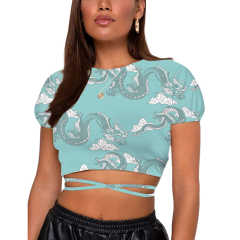 Aquamarine Dragon Print Short Sleeve Crop Top TQK210696-45