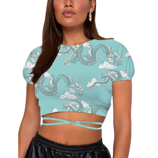 Aquamarine Dragon Print Short Sleeve Crop Top TQK210696-45