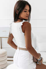 White Ruffle Strap Ribbed Sleeveless Crop Top LC2565025-1