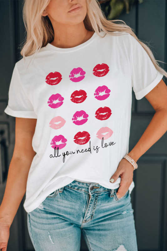 White all you need is love Valentines Kisses Graphic Tee LC25219470-1