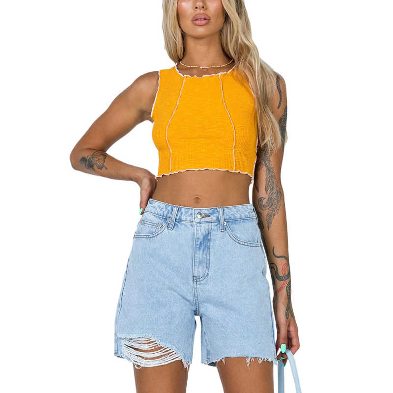 Yellow Cotton Blend Sleeveless Crop Tank TQK250135-7
