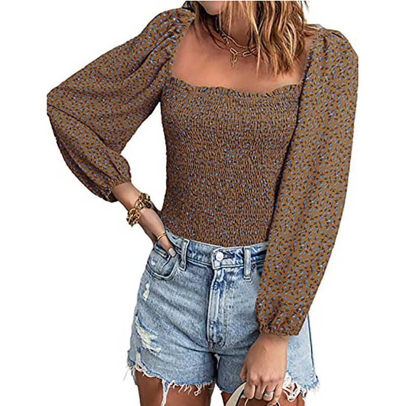 Coffee Floral Print Square Neck Puff Sleeve Tunic Tops TQF210094-15