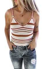 Beige Striped Knitted V Neck Tank Top LC2565061-15