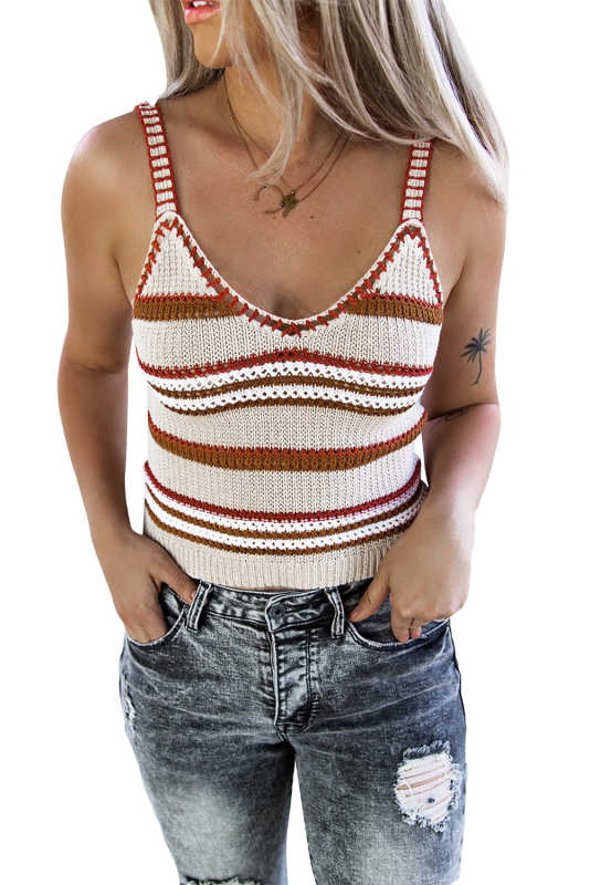 Beige Striped Knitted V Neck Tank Top LC2565061-15
