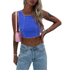 Blue Cotton Blend Sleeveless Crop Tank TQK250135-5