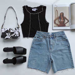 Black Cotton Blend Sleeveless Crop Tank TQK250135-2