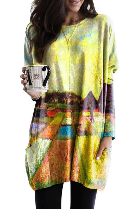 Multi-color Field Printing Long Sleeve Tunic Top With Two Side Pockets LC2531457-1022