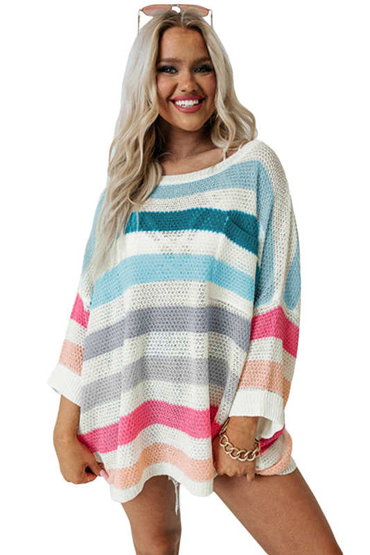 Multicolor Striped Knit Top with Chest Pocket LC25115147-22