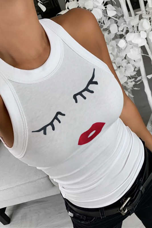 White Crew Neck Eyelash Pattern Ribbed Knit Tank LC256631-1