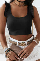 Black Ruffle Strap Ribbed Sleeveless Crop Top LC2565025-2