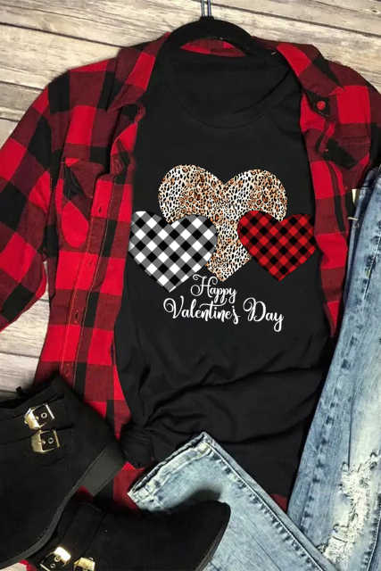 Black Happy Valentine's Day Hearts Print Short Sleeve T Shirt LC25219286-2