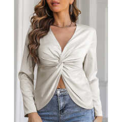Beige Front Knot Satin Long Sleeve Crop Top TQF210125-46