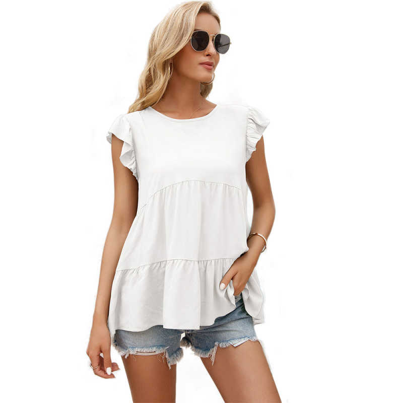 White Loose Style Ruffled Babydoll Top TQK210687-1