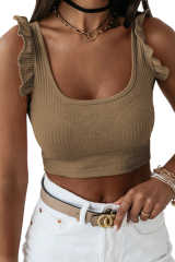 Brown Ruffle Strap Ribbed Sleeveless Crop Top LC2565025-17