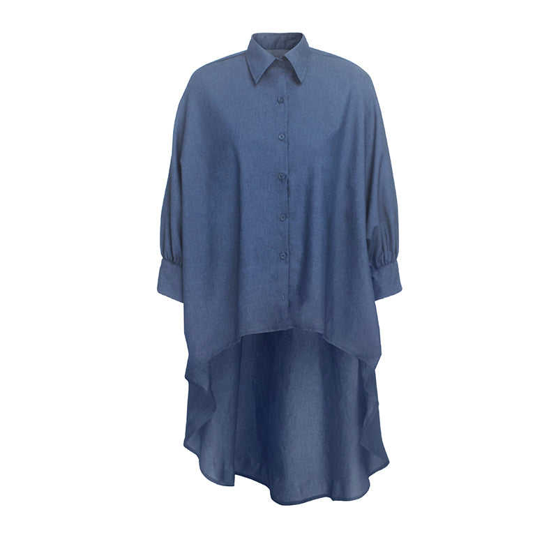 Blue Button Down Long Style Loose Top TQK220043-5