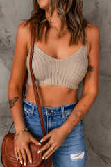 Khaki Ribbed Knit Spaghetti Strap Sleeveless Crop Top LC2565803-16