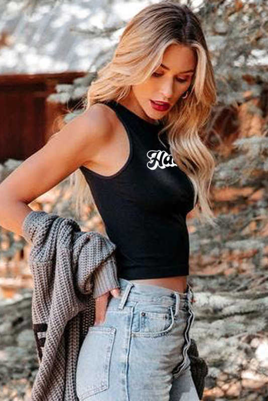 Black Hawaii Letters Print Crop Top LC2566277-2