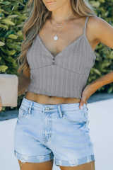 Gray Rib Knit Button Front Ruffle Hem Camisole LC2566453-11