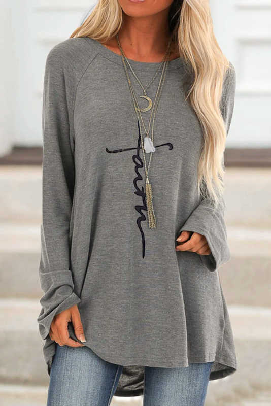 Gray Faith Letters Print Knit Tunic Top LC2511024-2011