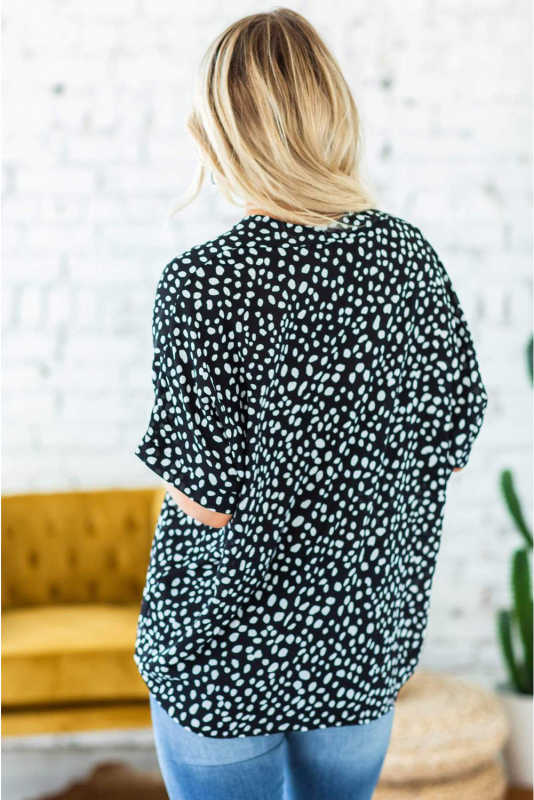 Black Chloe Animal Print V-neck Rolled Sleeve Tunic Top LC2514137-2