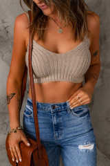 Khaki Ribbed Knit Spaghetti Strap Sleeveless Crop Top LC2565803-16