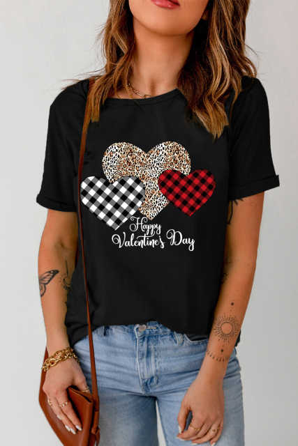Black Happy Valentine's Day Hearts Print Short Sleeve T Shirt LC25219286-2