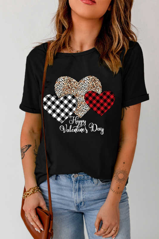 Black Happy Valentine's Day Hearts Print Short Sleeve T Shirt LC25219286-2
