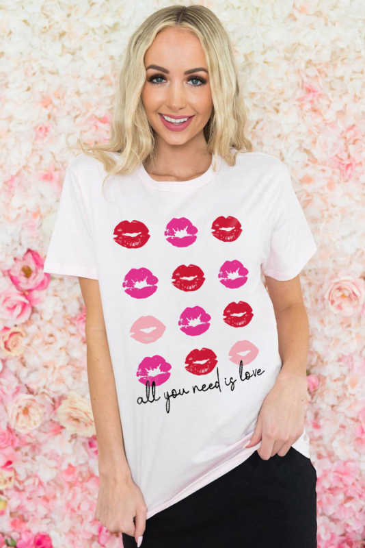 White all you need is love Valentines Kisses Graphic Tee LC25219470-1