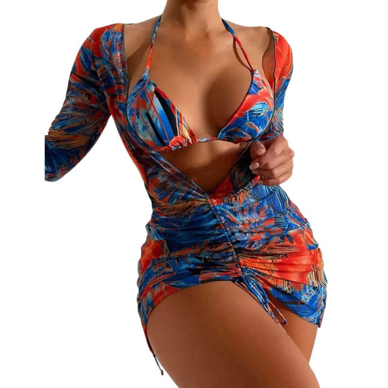 Royal Blue 3pcs Halter Bikini Set with Long Sleeve Cover TQV610003-62
