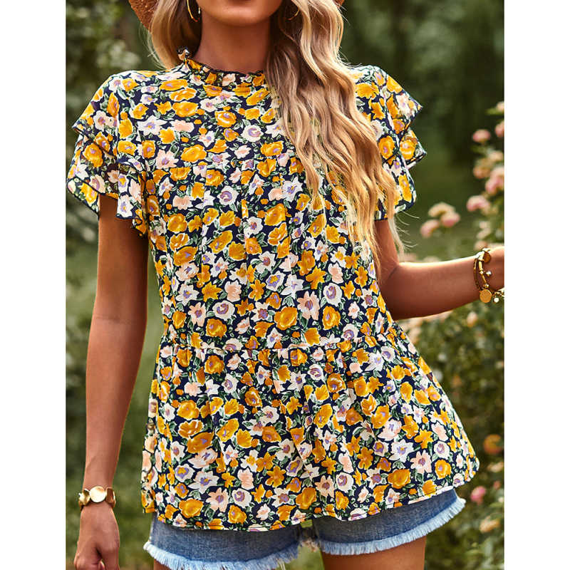 Yellow Floral Print Ruffle Sleeves Chiffon Tunic Tops TQX210199-7