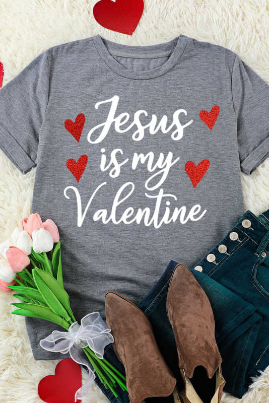 Gray Jesus Is My Valentine Heart Glitter Print Graphic T Shirt LC25219241-11
