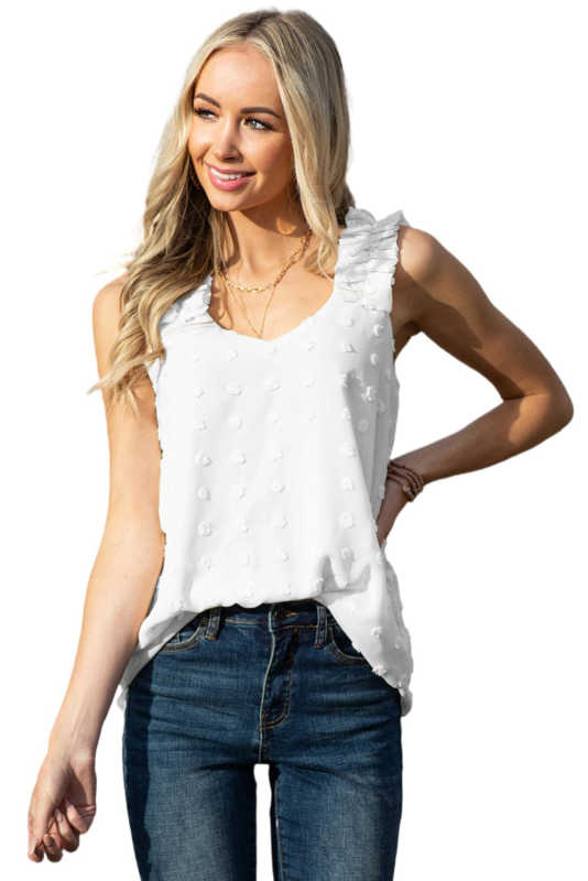 White Swiss Dot Woven Sleeveless Top With Ruffled Straps LC2561317-1