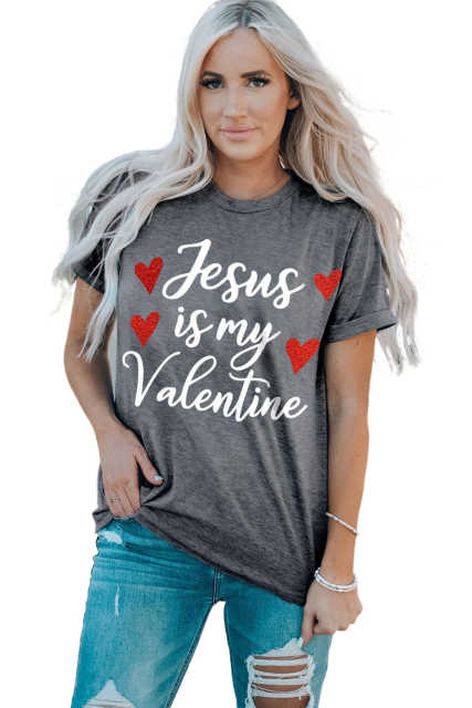 Gray Jesus Is My Valentine Heart Glitter Print Graphic T Shirt LC25219241-11