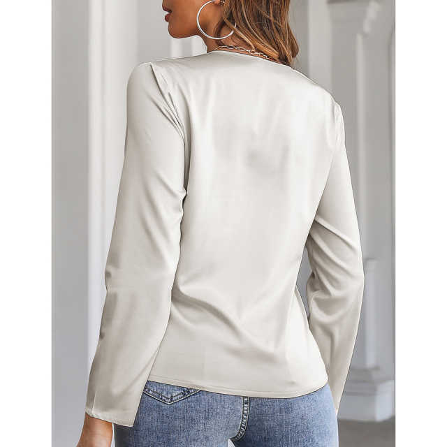 Beige Front Knot Satin Long Sleeve Crop Top TQF210125-46